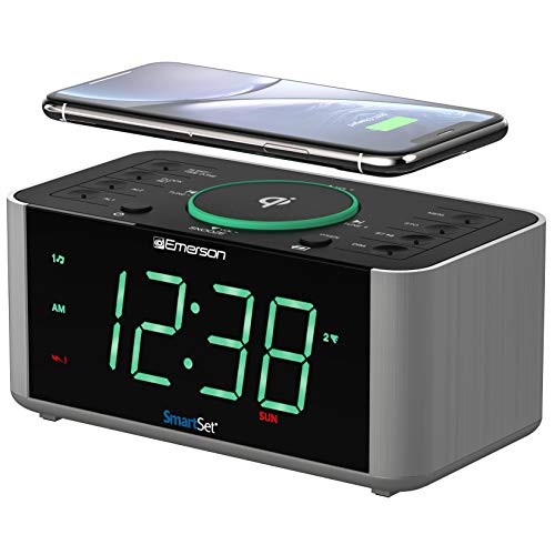 Emerson Alarm Clock Radio and QI Wireless Phone Charger with Bluetooth, Compatible with iPhone XS Max/XR/XS/X/8/Plus, 10W Galaxy S10/Plus/S10E/S9, All Qi Compatible Phones, ER100202