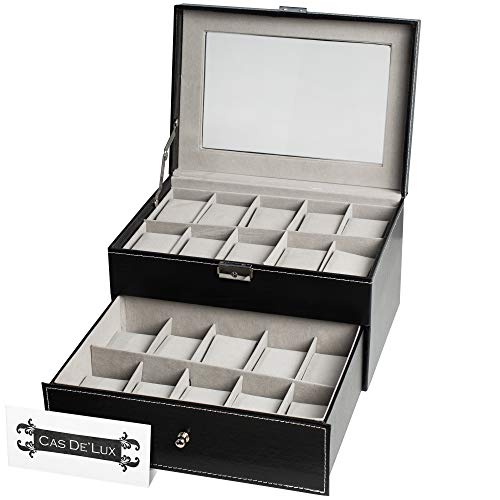 Watch Box Organizer Pillow Case 20 Slot Premium Display Cases with Framed Glass Lid Elegant Contrast Stitching Sturdy and Secure Lock for Men and Women Watch and Jewelry Large Holder Boxes
