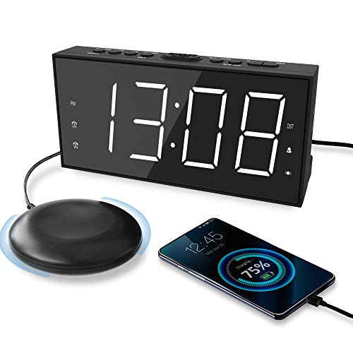 Super Loud Vibrating Alarm Clock with Bed Shaker for Heavy Sleeper, Dual Alarm Clock with USB Charger for Hearing-impaired Deaf, 7.5’’ Large Display with Dimmer, Snooze, 12/24H & Battery Backup