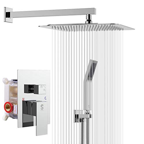 SR SUN RISE SRSH-F5043 10 Inches Bathroom Luxury Rain Mixer Shower Combo Set Wall Mounted Rainfall Shower Head System Polished Chrome Shower Faucet Rough-in Valve Body and Trim Included