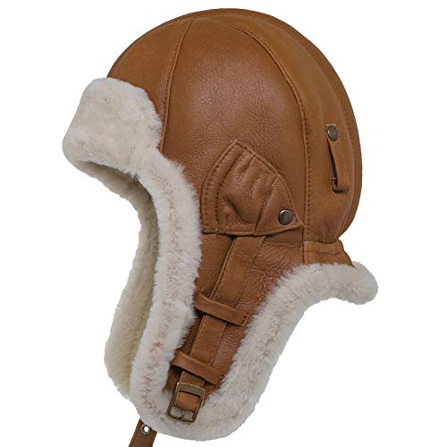 Sterkowski Bomber Cap | Genuine Shearling Leather Aviator Cap | Ushanka Hat Bomber Hat Trapper Hat for Men Russian Fur Hat Aviator Hat Pilot Helmet Snow Caps Cabby US 7-7 1/8 Brick Brown/White