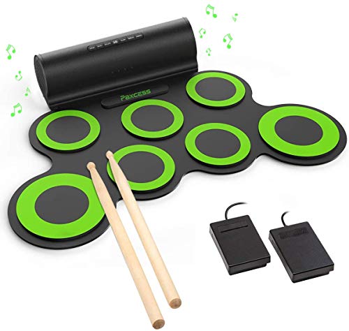 PAXCESS Electronic Drum Set, Roll Up Drum Practice Pad Midi Drum Kit with Headphone Jack Built-in Speaker Drum Pedals Drum Sticks 10 Hours Playtime, Great Holiday Birthday Gift for Kids