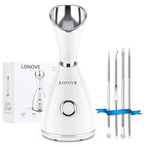 Facial Steamer - LONOVE Nano Ionic Face Steamer for Home Facial Warm Mist Humidifier Steamer for Face Sauna Spa Sinuses Moisturizing Cleansing Pores,Bonus Stainless Steel Skin Kit and Hair Band