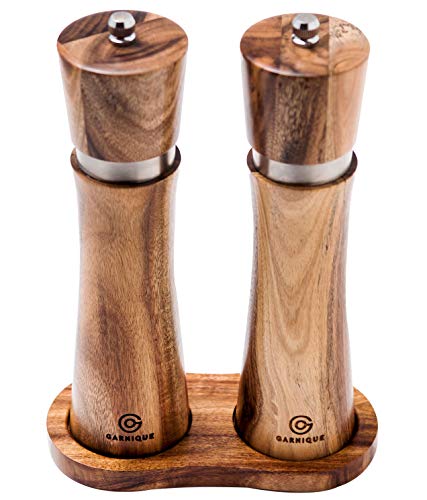 Wooden Salt and Pepper Grinders - Acacia wood salt and pepper grinder set, salt and pepper mills refillable, Matching wood tray. Luxury Gift box for weddings, birthdays, gourmet cooks.