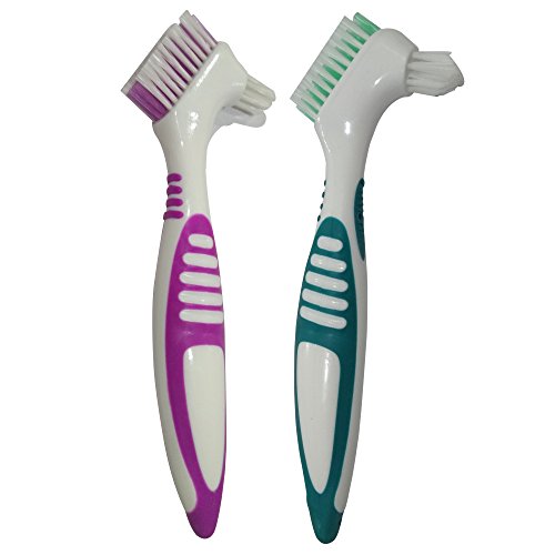 Gus Craft 2-Pack Denture Cleaning Brush Set- Premium Hygiene Denture Cleaner Set for Denture Care- Top Denture Cleanser Tool w/Multi-Layered Bristles & Ergonomic Rubber Handle (Green and Purple)