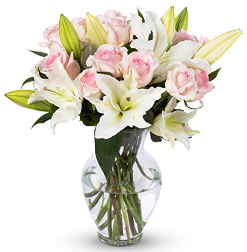 Benchmark Bouquets Light Pink Roses and White Oriental Lilies, With Vase (Fresh Cut Flowers)