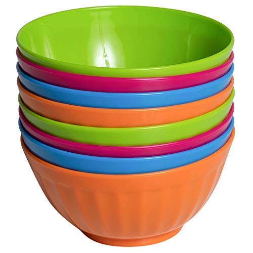 Klickpick Home 6 Inch Plastic Bowls Set of 8-28 ounce Large Plastic Cereal Bowls Microwave Dishwasher Safe Soup Bowls - BPA Free Bowls 4 Bright Colors (2 of Each Color)