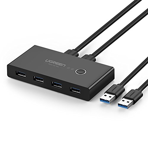 UGREEN USB 3.0 Sharing Switch Selector 4 Port 2 Computers Peripheral Switcher Adapter Hub for PC, Printer, Scanner, Mouse, Keyboard with One Button Swapping and 2 Pack USB Male Cable