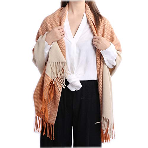 Super Soft Brushed Acrylic Weave Pattern Color Blocks Jacquard Blanket Scarf Women Men Scarves Warm Wrap With Self-Fringes KAHKI/ORANGE