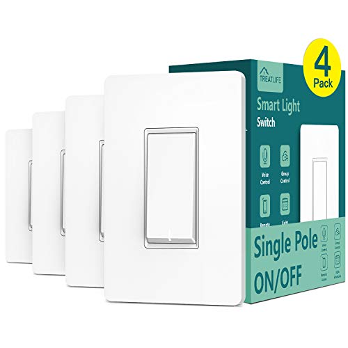 Single Pole Treatlife Smart Light Switch, 4 Pack, Neutral Wire Required, 2.4Ghz Wi-Fi Light Switch, Works with Alexa and Google Assistant, Schedule, Remote Control, ETL Listed, FCC