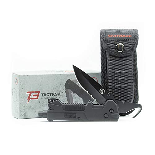 StatGear T3 Tactical Auto Rescue Tool - knife, seatbelt cutter, spring-loaded window punch, light. sheath included