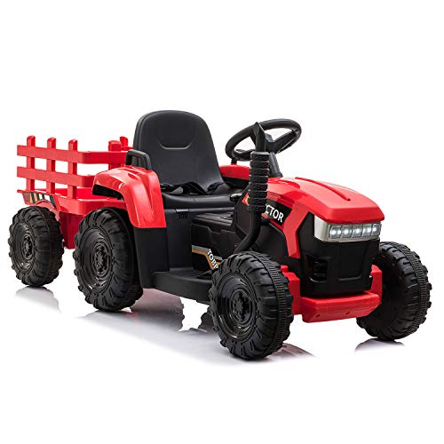 BWM.Co 12V Electric Kids Ride On Tractor Vehicle Gift, 6 Wheels Car Toy with Trailer, Music Horn Bluetooth USB - Red