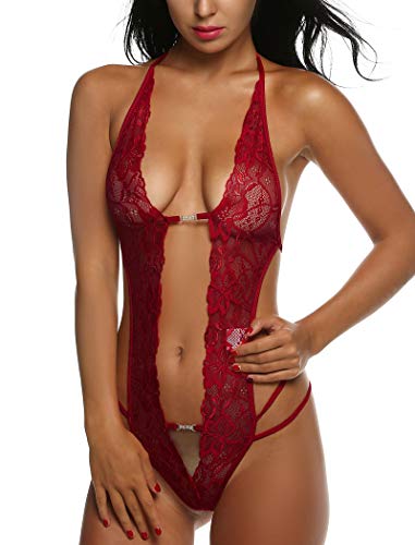 Avidlove Womens One Piece Lingerie Sexy Lace Teddy Bodysuit Mini Babydoll Wine Red Small