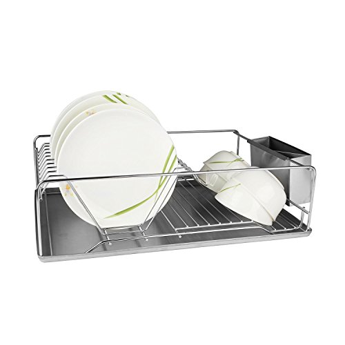 TeqHome Stainless Steel Dish Drying Rack with Drain Board, Large Dish Drainer for Kitchen Counter Dishes Rack with Utensil Holder