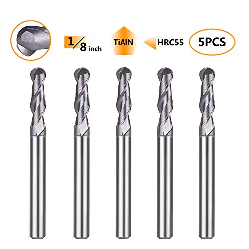SpeTool 5Pcs Carbide Ball Nose CNC Router Bits 1/8' Cutting Diameter Milling Tool HRC55, 1/8' Shank UpCut Spiral End Mill