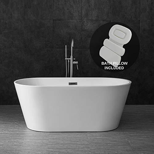 WOODBRIDGE Acrylic Freestanding Contemporary Soaking Tub with Brushed Nickel Overflow and Drain, Including Bathtub Spa, 59' B-0014 With Pillow