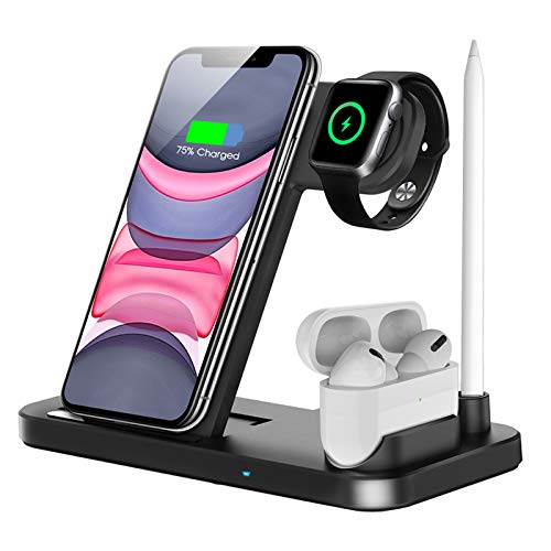 Wireless Charger, QI-EU 4 in 1 Qi-Certified Fast Charging Station Compatible Apple Watch Airpods Pro iPhone 12/11/11pro/X/XR/Xs Max/8/8 Plus, Wireless Charging Stand Compatible Samsung Galaxy S20/S10