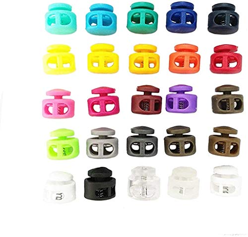 Summer-Home 50Pcs 25 Colors Double Hole Spring Cord Locks Round Ball Shaped Toggle Stoppers Stop Sliding Cord Fasteners Locks Buttons Ends for Camping & Hiking, Shoelace Replacement, Backpacks