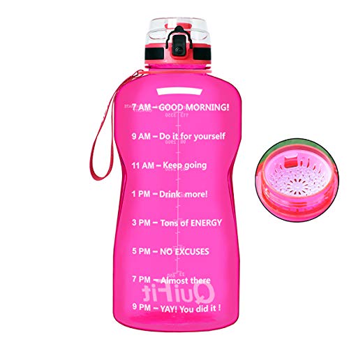 QuiFit Motivational Gallon Water Bottle - with Time Marker & Strainer Leak-proof Durable BPA Free Large Capacity Infuser Fruit Water Bottle for Fitness Outdoor Enthusiasts(pink,1 gallon)