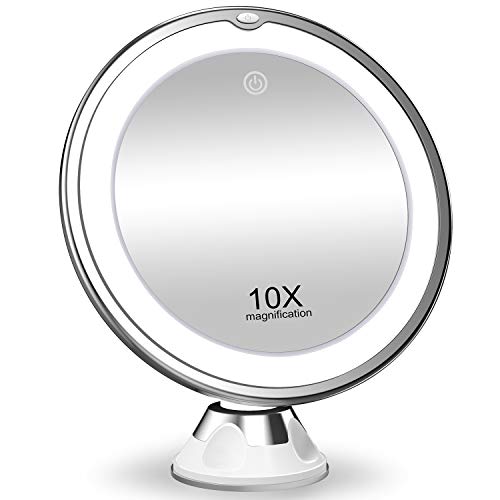 KOOLORBS 10X Magnifying Makeup Mirror with Lights, 3 Color Lighting, Intelligent Switch, 360 Degree Rotation, Powerful Suction Cup, Portable, Good for Tabletop, Bathroom, Traveling