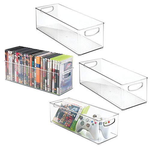 mDesign Plastic Stackable Household Storage Organizer Container Bin with Handles - for Media Consoles, Closets, Cabinets - Holds DVD's, Video Games, Gaming Accessories, Head Sets - 4 Pack - Clear