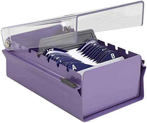 Acrimet Index Business Card Size File Holder Organizer Metal Base Heavy Duty (AZ Index Cards and Divider Included) (Purple Color with Clear Crystal Plastic Lid Cover)
