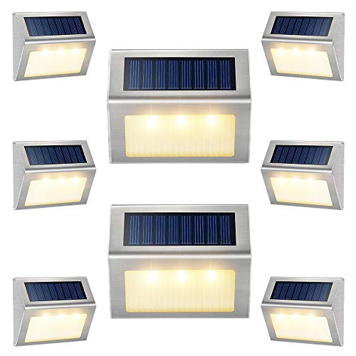 Solar Lights for Fence [Warm White] Waterproof Solar Powered Steps Light Auto On/Off Outdoor Wireless LED Lamp Decks Lighting Walkway Patio Stair Garden Path Rail Backyard Fences Post 8 Pack