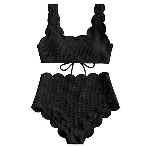 ZAFUL Women's Textured Scalloped Lace-Up Bandeau Bikini Set Two Piece Bathing Suit (E-Black, M)