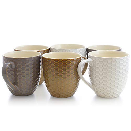 Elama HoneyComb 6 Piece Embossed Stoneware 15 Ounce Coffee and Tea Mug Set in Assorted Colors, Assorted White, Purple, Taupe