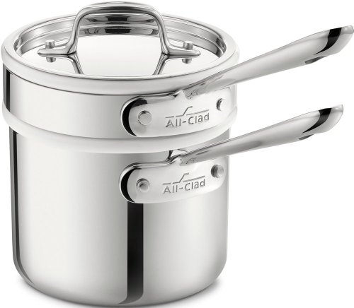 All-Clad 42025 Stainless Steel 3-Ply Bonded Dishwasher Safe Sauce Pan with Porcelain Double Boiler and Cookware Lid, 2-Quart, Silver - 8400000266