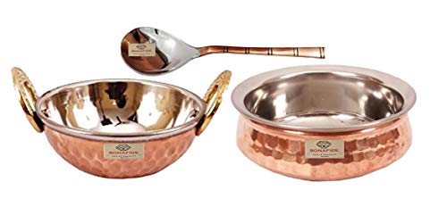 bona fide Indian Serving Bowl Copper Stainless Steel Hammered Karahi and bowl Indian Dishes Serve Ware for Vegetable and Curries small (5 inch diameter top) Set of 2(300 ml each) with serving spoon