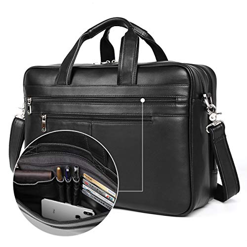 Augus Business Travel Briefcase Genuine Leather Duffel Bags for Men Laptop Bag fits 15.6 inches Laptop (Black)