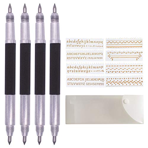 Afantti Scribe Tool, Tungsten Carbide Tip Scriber Scribing Engraving Etching Pen DIY Engraver Etcher Tool Kit for Metal Glass Ceramics Stone Tile Wood Jewelry with Stencils, 4 Pack