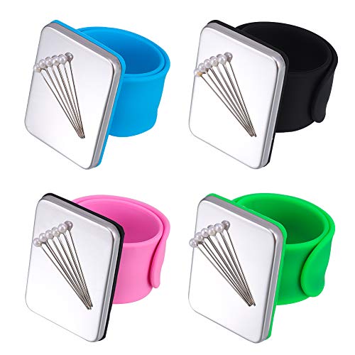 Moguer 4Pcs Magnetic Sewing Pincushion Wrist Magnetic Pin Holder, Square Pin Cushion Holder with Silicone Wristband for Hair Clips, Sewing