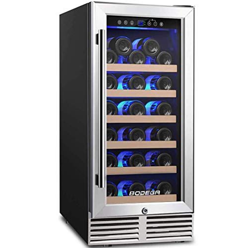 BODEGA 15 Inch Wine Cooler, Built-in Wine Refrigerator 31 Bottle with Compressor Cooling,Constant Temperature System,Front Vent, Stainless Steel Glass Door, Fashion Wine Fridge for Home,Bar and Office