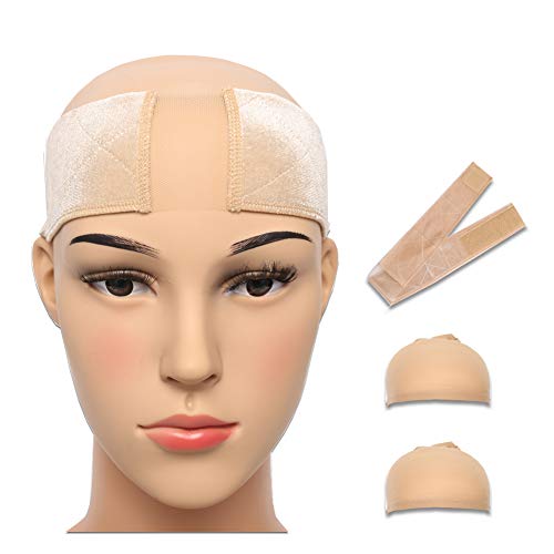 Premium Breathable Wig Grip Headband With Lace Section - Keeps Wig Secured-Velvet Material-Comfortable Elastic Wig Grip Hair Band Adjustable Fasten - Reinforced Beige Non-Slip Satin Scarf With 2 Pieces Wig Caps for Black Women