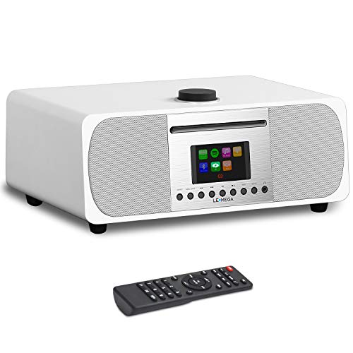 LEMEGA M5+ All-in-One 35W Premium Music System with CD Player/Internet/FM Radio, Spotify, WiFi, Bluetooth, Built-in Subwoofer, USB MP3, Headphone-Out, Clock and Alarms, Remote & app Control – White