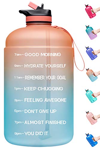 Venture Pal Large 1 Gallon Motivational Water Bottle with 2 Lids (Chug and Straw), Leakproof BPA Free Tritan Sports Water Jug with Time Marker to Ensure You Drink Enough Water Throughout The Day