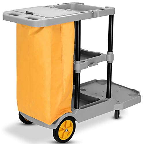 Goplus Commercial Janitorial Cart Heavy Duty Cleaning Utility Cart Service Cart 3 Shelf Housekeeping Rolling Janitor Cart with 25 Gallon Vinyl Bag, 330lbs Capacity