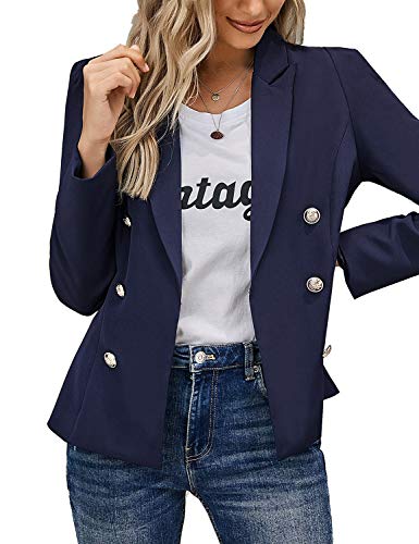 Utyful Women's Open Front Long Sleeve Buttons Work Office Blazer Casual Business Jacket Suit Navy Blue Large