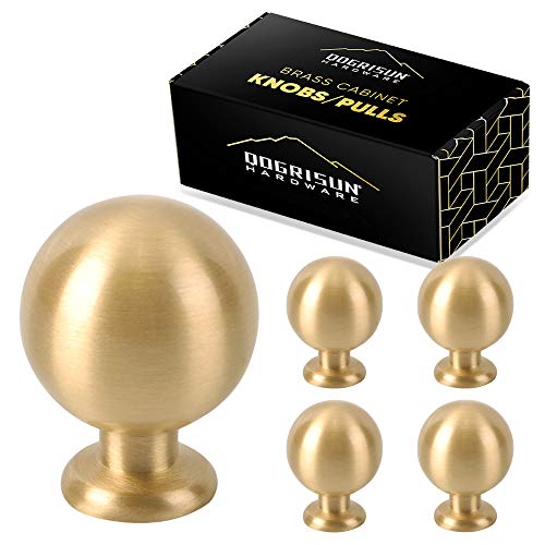 QogriSun 5-Pack Solid Brass Spherical Cabinet Knobs, 1.1-Inch Gold Decorative, Pure Copper Kitchen Hardware, Drawer Handles, Dresser Pulls, Brushed Brass