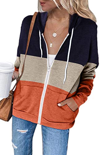 Hooded Sweatshirts for Women Spring Thin Lightweight Pocketed Full Zipper Colorblock Active Outwear Jackets Orange M
