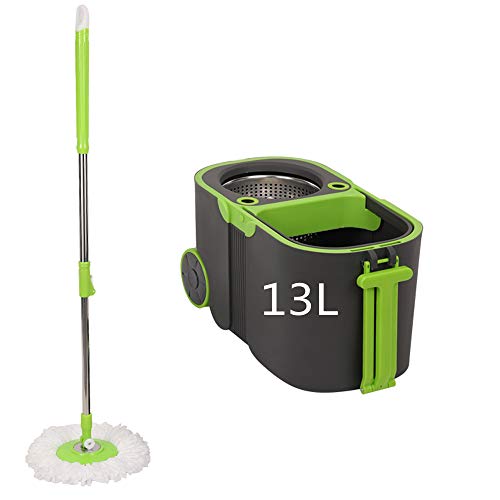 13L Super Big Spin Mop Bucket System Stainless Steel Deluxe 360 Spinning Mop Bucket Floor Cleaning System with 2 Microfiber Replacement Head Refills,Extended Handle, 2X Wheel for Home Cleaning