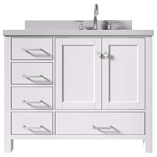 ARIEL 43' Inch Right Offset White Bathroom Vanity with 1.5' Inch Thick Edge White Quartz Countertop | Rectangle Sink | 2 Soft Closing Doors & 5 Full Extension Dovetail Drawers | Satin Nickel