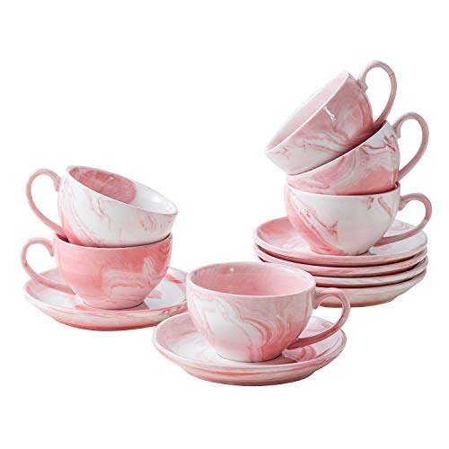 Yundu Ceramic Espresso Coffee Cups with Saucers -4 oz for Specialty Coffe,Drink,Latte,Cafe Mocha and Tea-Set of 6,Cappuccino Cups,Marble Colors of Pink