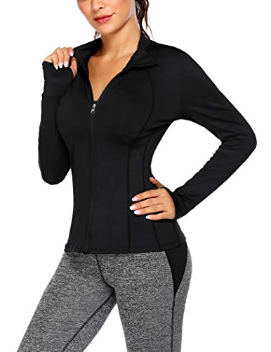 COOrun Womens Sports Jacket Performance Athletic Track Jackets Long Sleeve Full Front Zip Activewear Stretchy Black