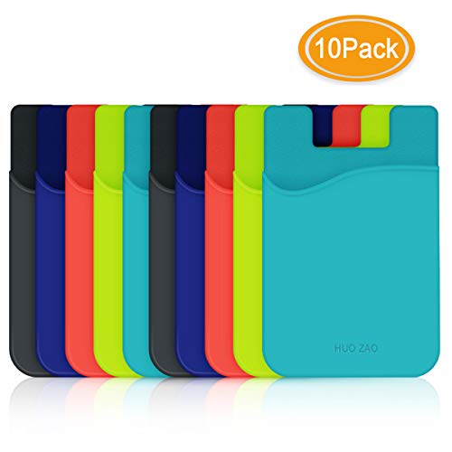Phone Card Holder for Phone Back, HUO ZAO Silicone Adhesive Credit Card Pouch with 3M Stick-on Phone Wallet, Compatible with Apple iPhone Samsung Galaxy Android Cell Phone Table Multi Colors - 10 Pack
