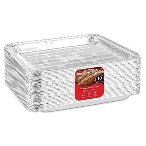 Stock Your Home Disposable Aluminum Foil Broiler Pans (10 Pack) - Broiler Drip Pans for Oven - Durable Broiling Pans with Ribbed Bottom Surface for BBQ Grill Like Texture - 13x9 Inch Broiler Pan
