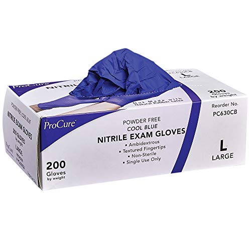 ProCure Disposable Nitrile Gloves - Large, 200 Count - Powder Free, Rubber Latex Free, Medical Exam Grade, Non Sterile, Ambidextrous - Soft with Textured Tips - Cool Blue