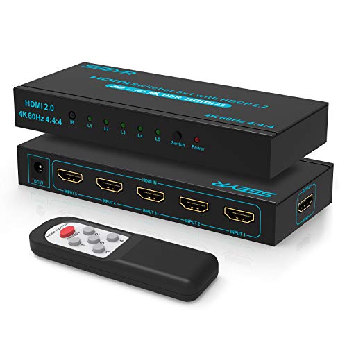 SGEYR 4K@60Hz 5x1 HDMI Switch HDMI Selector Switch 5 Port HDR IR Remote 4K HDMI Selector Box 5 in 1 Out Auto Switch HDMI Switcher 2.0 HDCP 2.2,Full HD/3D Compatible with //DVD///Projector